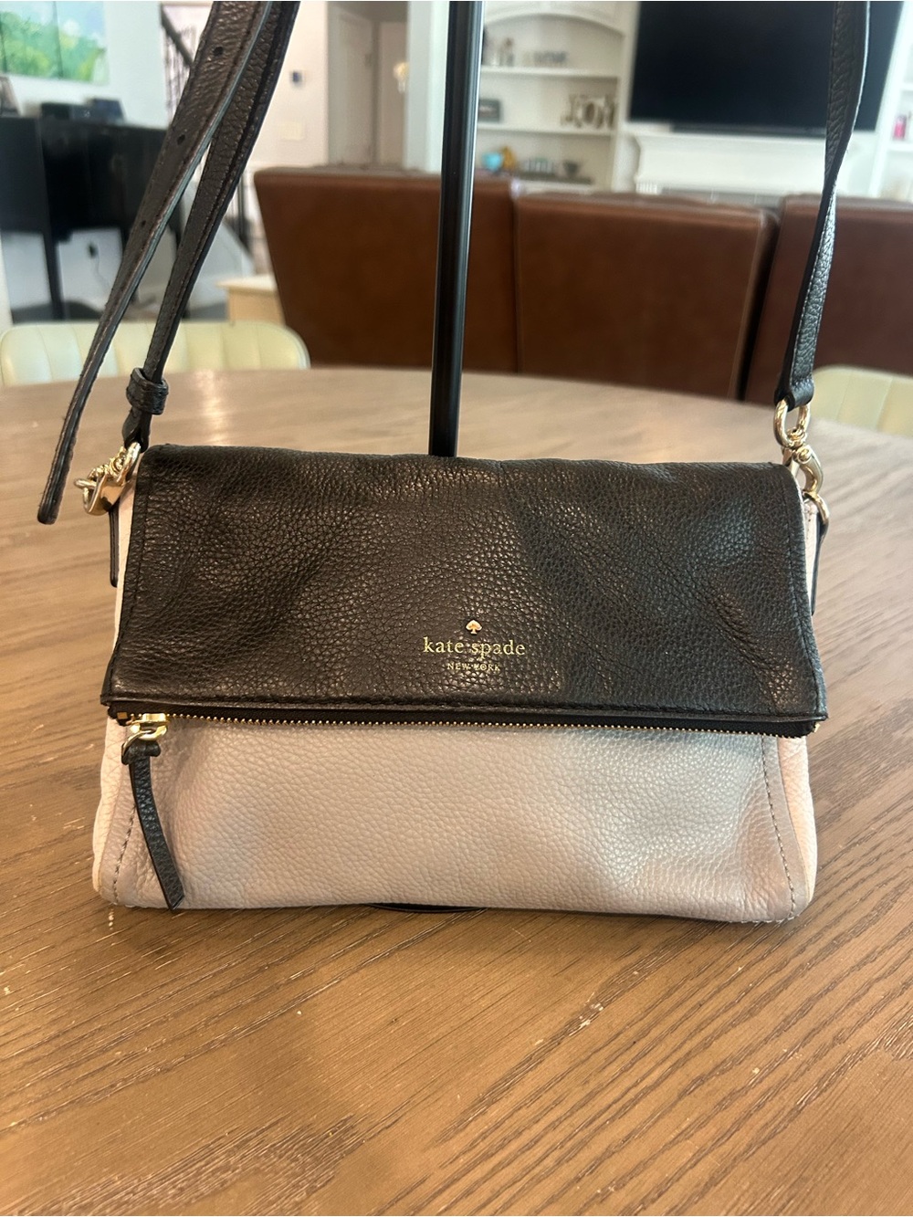 Kate Spade Cobble Hill Carson Two Tone Leather Foldover Crossbody Black Gray
